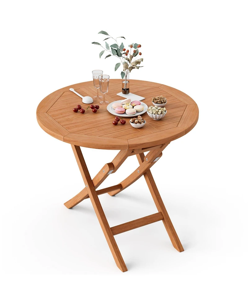 Slickblue Round Patio Folding Coffee Table Indonesia Teak Wood with Slatted Tabletop