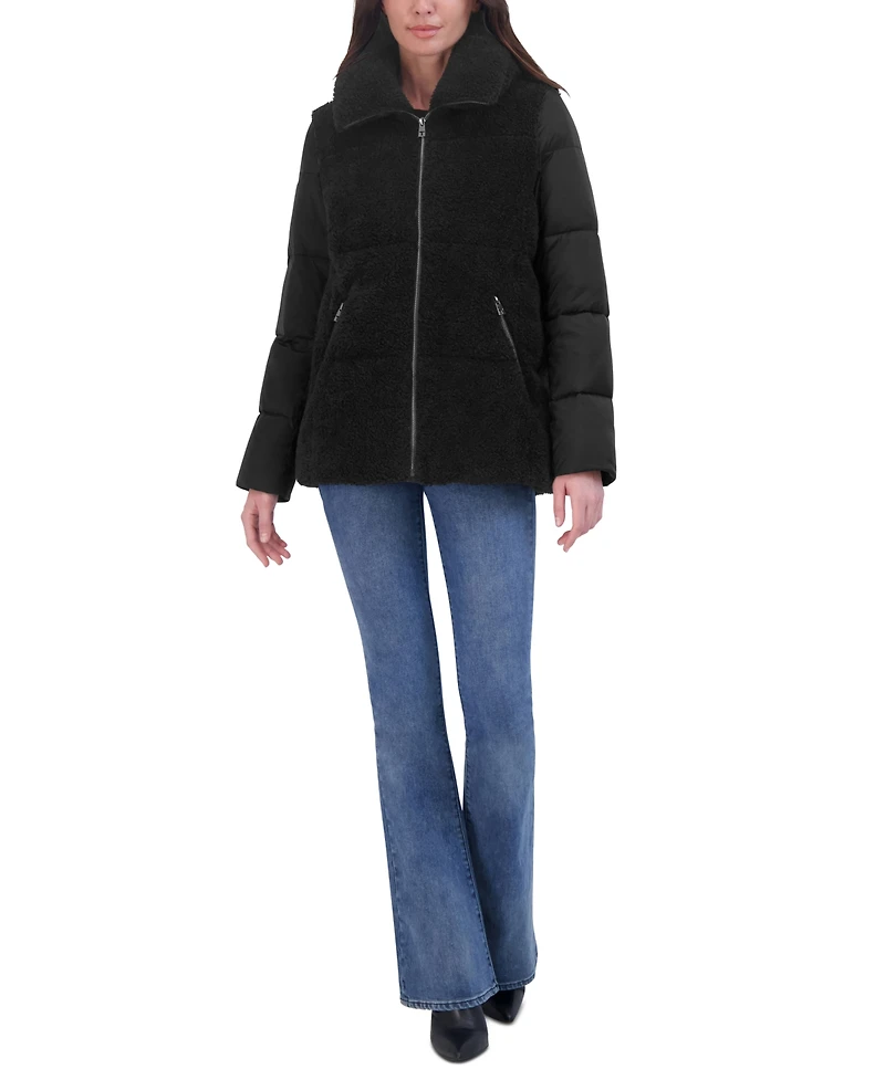 Tahari Women's Mixed-Media Stand-Collar Puffer Coat