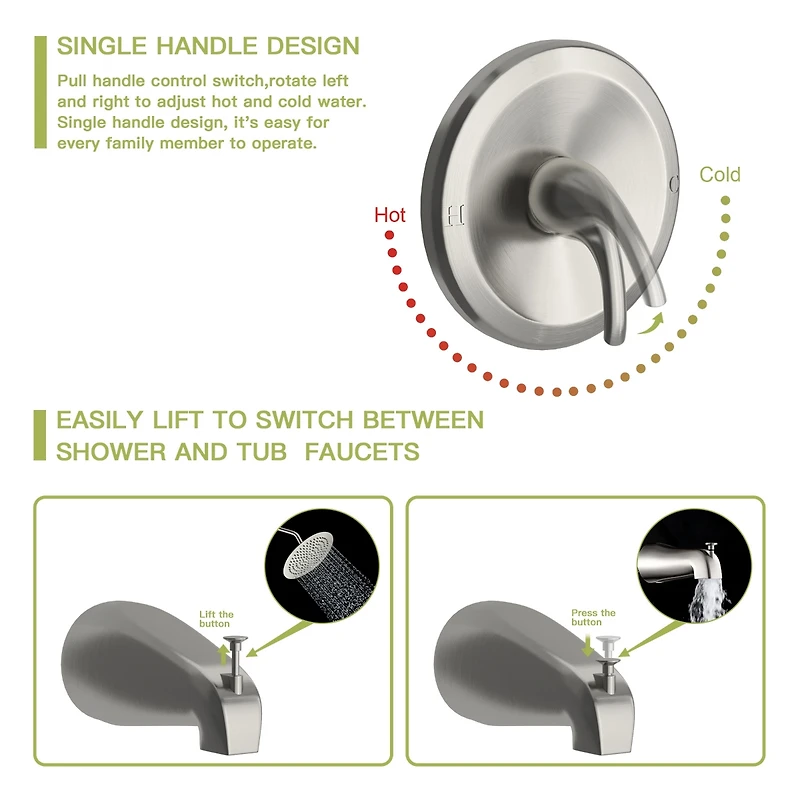 10" Rain Shower Head Systems With Waterfall Tub Spout, Brushed Nickel, Wall Mounted Shower