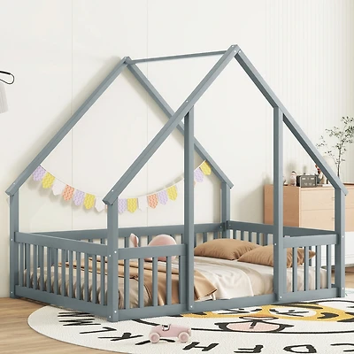 Streamdale Full Wood House-Shaped Floor Bed with Fence, Guardrails, Grey