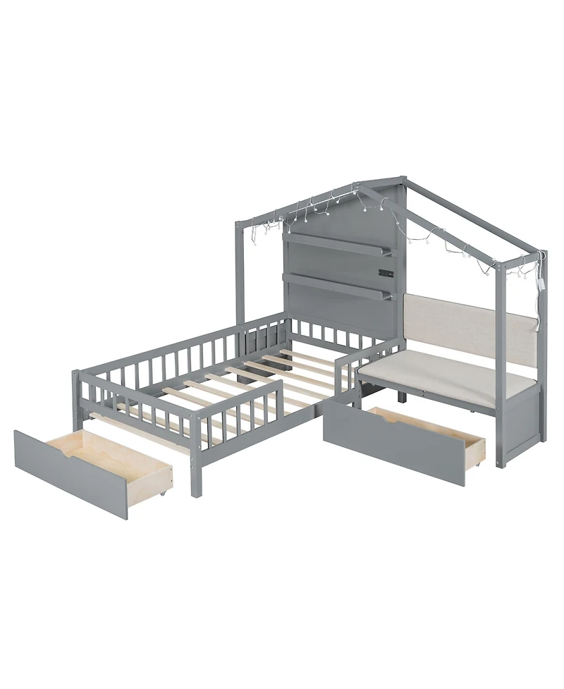 Streamdale Twin House Bed with Sofa, Charging Station, Shelves & Drawers