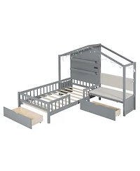 Streamdale Twin House Bed with Sofa, Charging Station, Shelves & Drawers