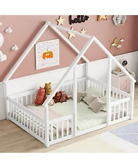 Simplie Fun Full Wood House-Shaped Floor Bed with Fence, Guardrails, White