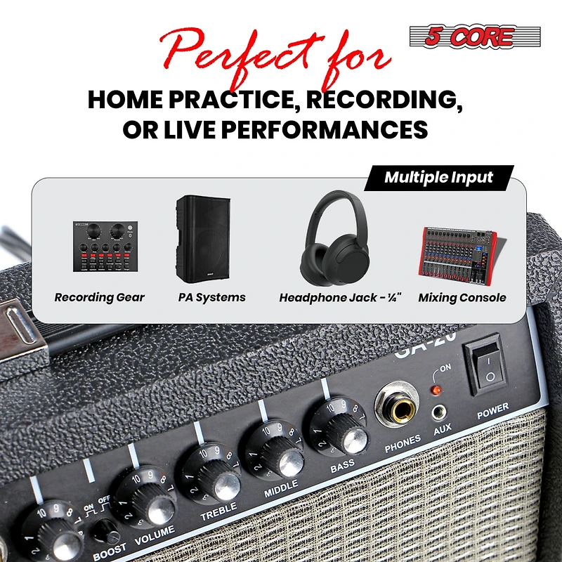 5 Core Guitar Amp 20W Amplifier for Electric Bass Acoustic Practice Amps Small Portable Mini Amplificador para Bajo with Built in Effects