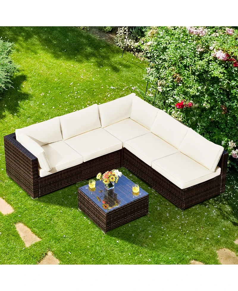 6PCS Patio Rattan Furniture Set Cushioned Sofa Coffee Table Garden