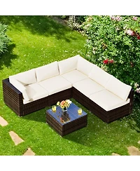 6PCS Patio Rattan Furniture Set Cushioned Sofa Coffee Table Garden
