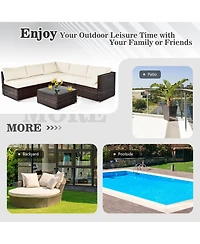 6PCS Patio Rattan Furniture Set Cushioned Sofa Coffee Table Garden