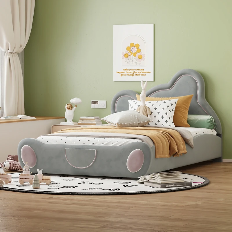 Streamdale Beige Velvet Twin Platform Bed with Bear Headboard and Pocket