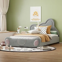 Streamdale Beige Velvet Twin Platform Bed with Bear Headboard and Pocket