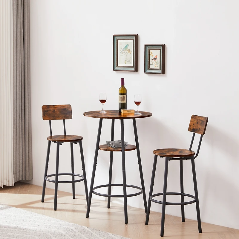 Streamdale Furniture Round Barstool Set With Shelves, Stool With Backrest Rustic Brown, 23.6" Dia X 35.4"