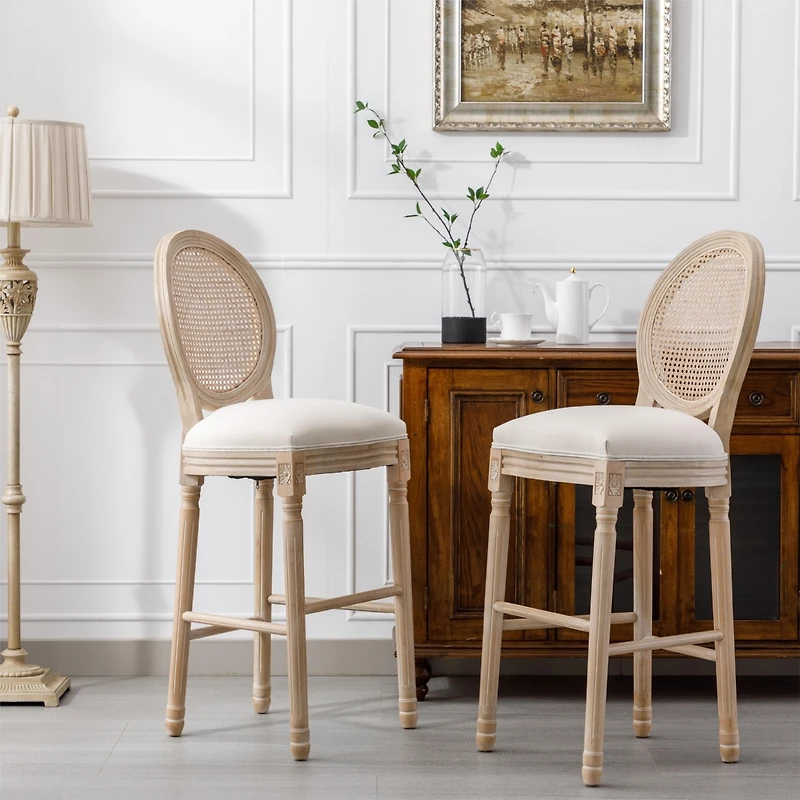 Streamdale French Country Bar Stools with Rattan Back, Beige (Set of 2)