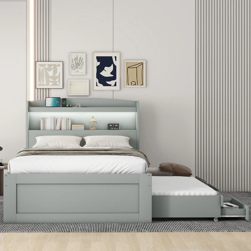 Streamdale Twin Xl Bed w/ Led Headboard, Storage, Trundle, Drawers