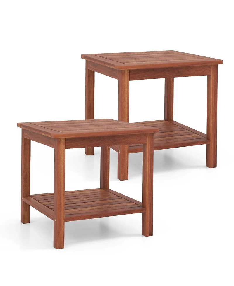Slickblue Double-Tier Acacia Wood Patio Side Table with Slatted Tabletop and Shelf