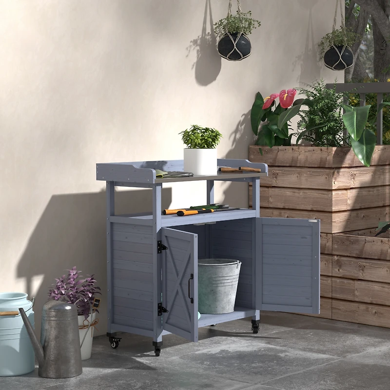 Outsunny Outdoor Potting Bench with Storage, Wheels, Natural Wood