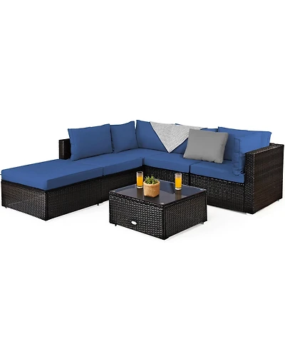 6PCS Outdoor Patio Rattan Furniture Set Cushioned Sectional Sofa
