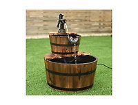 Slickblue 2-Tiers Outdoor Wooden Barrel Waterfall Fountain with Pump