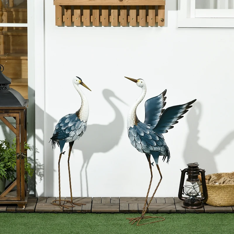 Outsunny 2pc Heron Garden Statues, Metal Yard Art Bird Sculptures,