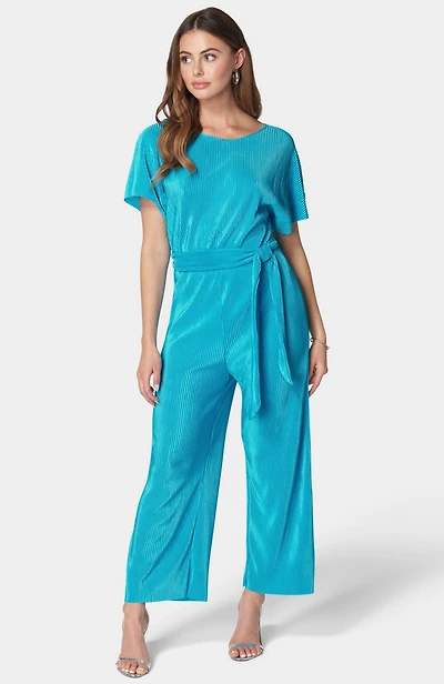 Bebe Women's Plisse Culotte Jumpsuit,Blue,XLarge