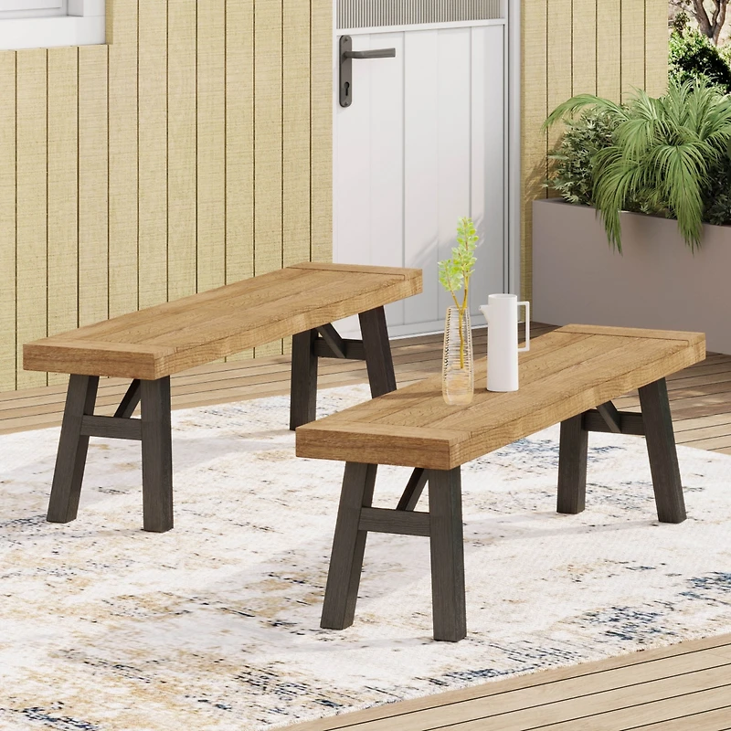 Simplie Fun Rustic Acacia Wood Bench Set with Slat Design and Two-Toned Finish