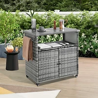Streamdale Versatile Outdoor Wicker Bar Cart with Wheels and Glass Tabletop