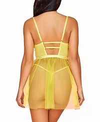 Hauty Women's 2 Pc Organza Babydoll Lingerie Set with Floral Laced Bodice