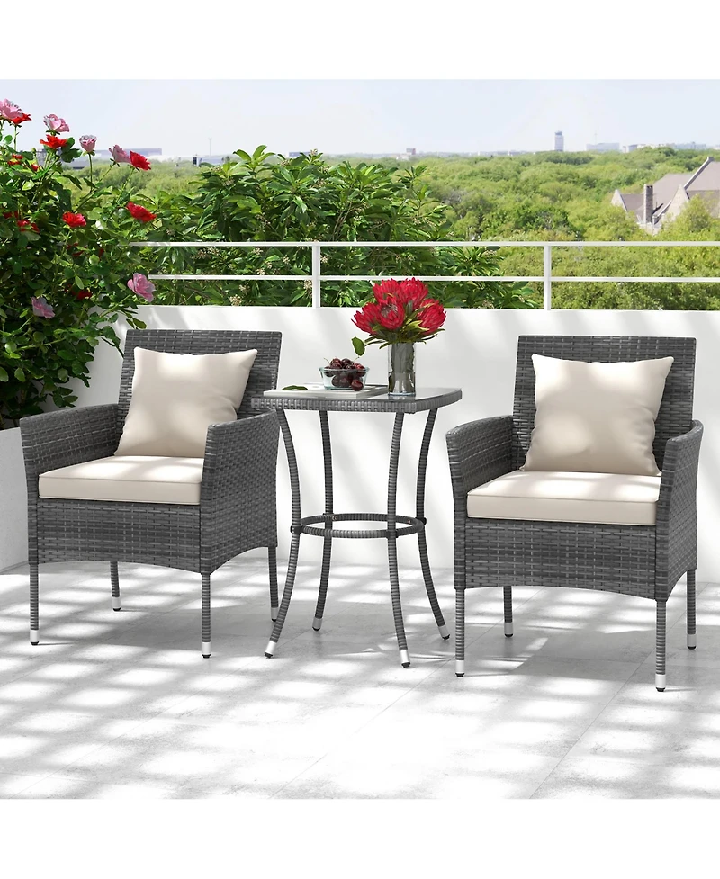 Gymax 3-Piece Patio Furniture Set Pe Wicker Conversation Bistro Set w/ A Tempered Glass Table