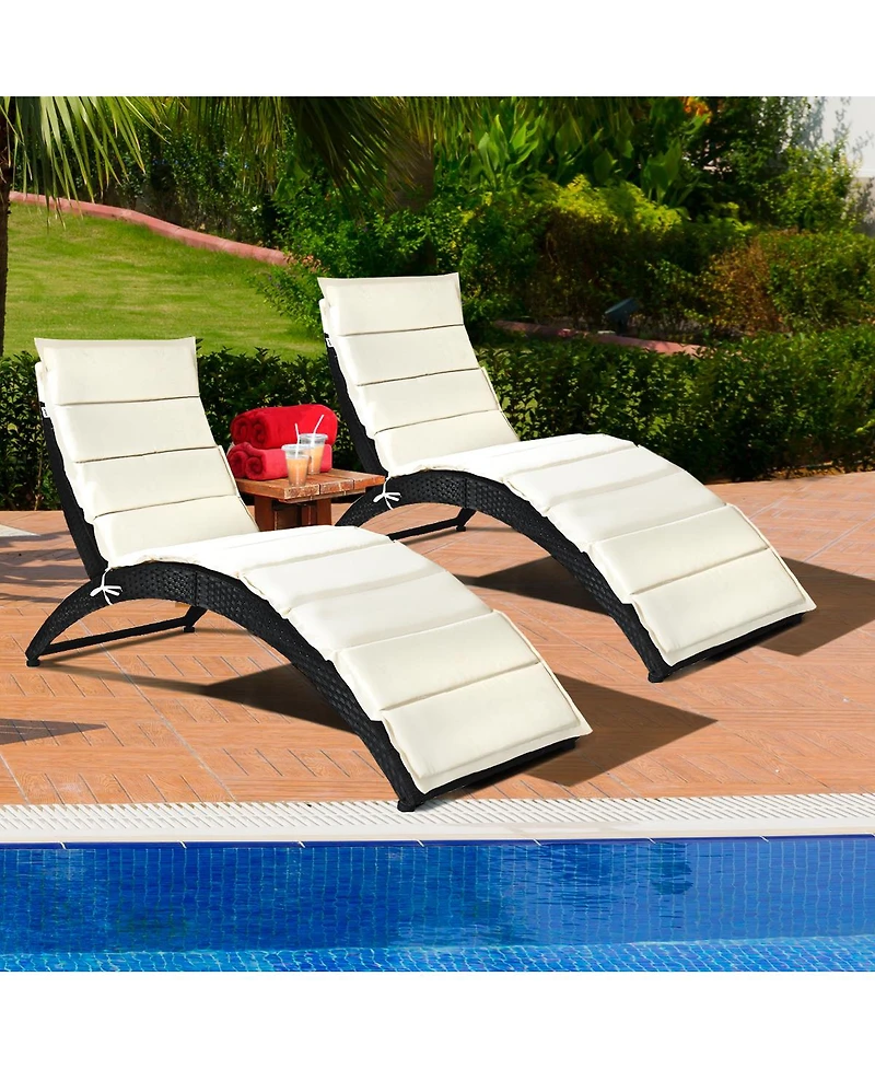 Gymax 2PCS Foldable Rattan Wicker Chaise Lounge Chair w/ Cushion Patio Outdoor
