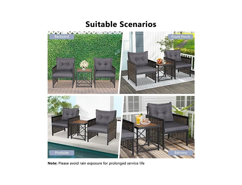 Slickblue 3 Piece Patio Rattan Furniture Set with Acacia Wood Tabletop