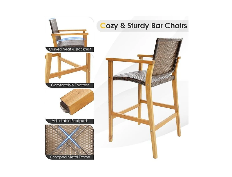 Slickblue Set of 2 Pe Wicker Patio Bar Chairs with Acacia Wood Armrests-Set of 2