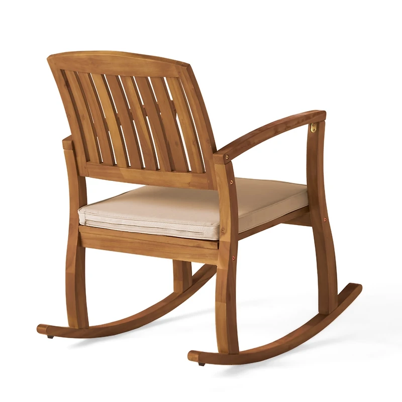 Simplie Fun Acacia Wood Rocking Chair with Weather-Resistant Cushions and Slat Panel Design