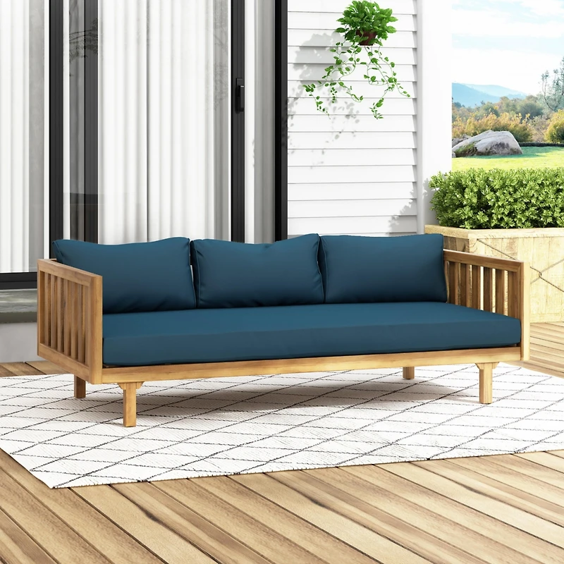 Streamdale Acacia Wood Daybed with Slat Paneling and Water-Resistant Cushions