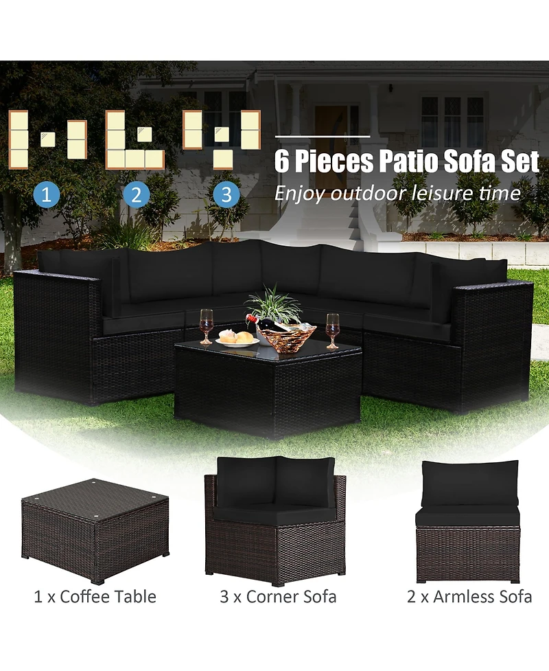 6PCS Patio Rattan Furniture Set Sectional Cushioned Sofa Deck