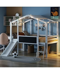 Streamdale Twin Loft Bed with Ladder, Slide, Blackboard, and Light Strip