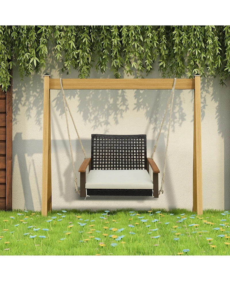 Slickblue Single Rattan Porch Swing with Armrests Cushion and Hanging Ropes-White