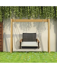 Slickblue Single Rattan Porch Swing with Armrests Cushion and Hanging Ropes-White