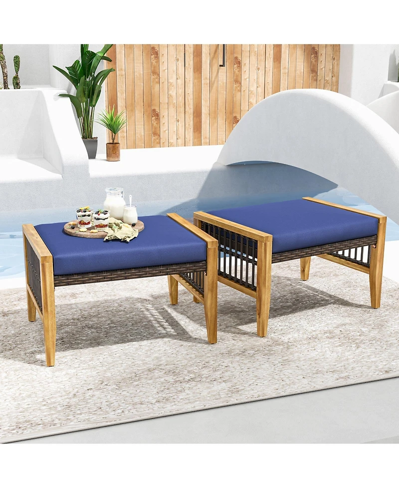 Slickblue Patio Acacia Wood Ottomans with Cushions and Versatile Rattan Woven Footstools