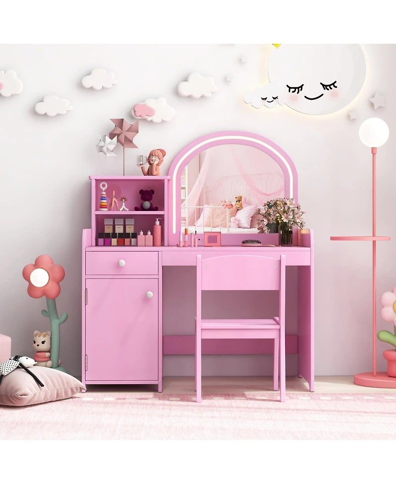 Slickblue Kids Vanity Table and Chair Set with Shelves Drawer Cabinet