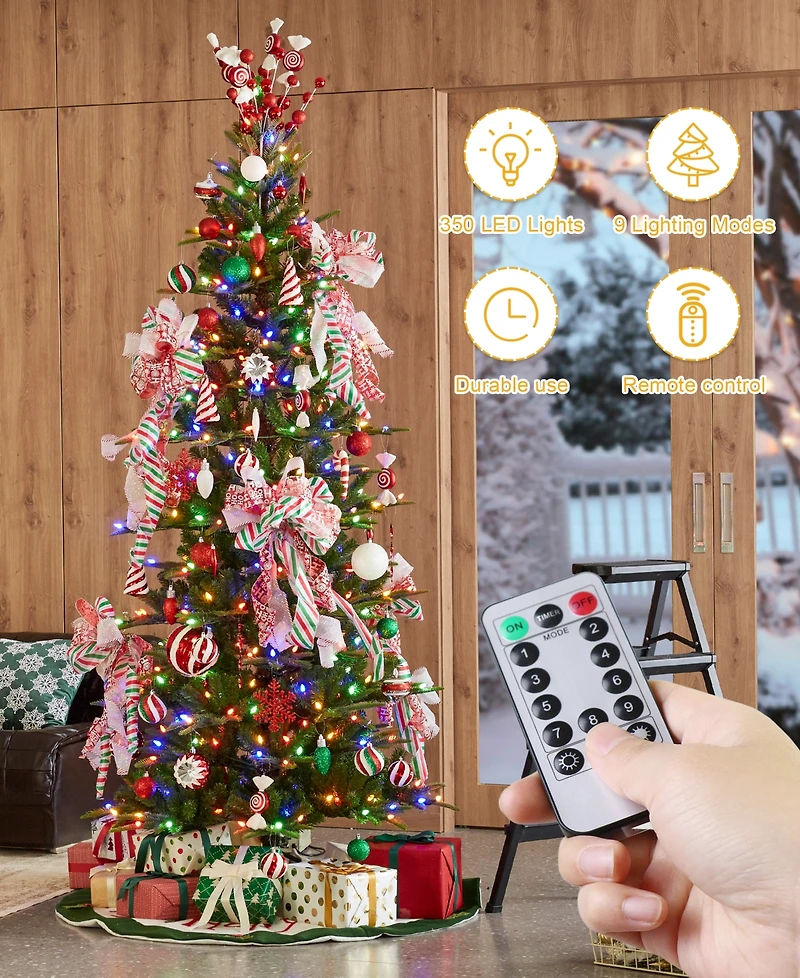 Glitzhome 7.5ft Pre Lit Green Slim Fir Artificial Christmas Tree with 350 strawberry Lights,9 Functional Warm White Multi color, remote controller
