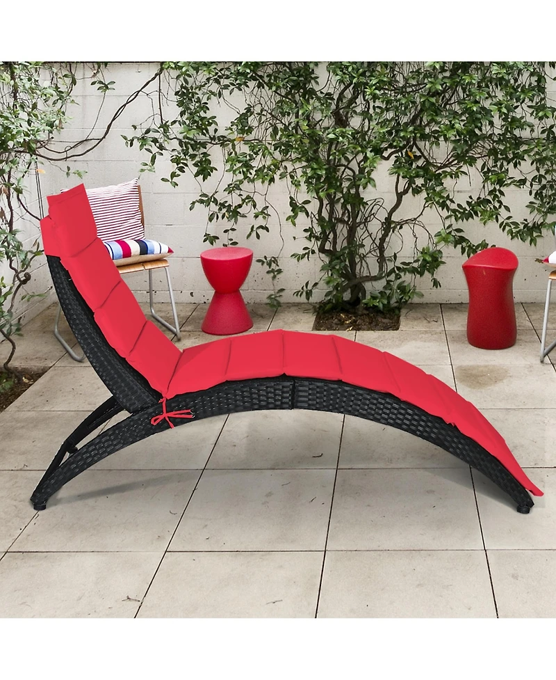 Gymax Foldable Rattan Wicker Chaise Lounge Chair w/ Red Cushion Patio Outdoor