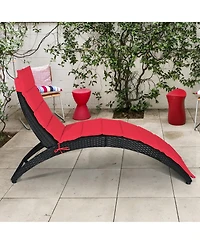Gymax Foldable Rattan Wicker Chaise Lounge Chair w/ Red Cushion Patio Outdoor