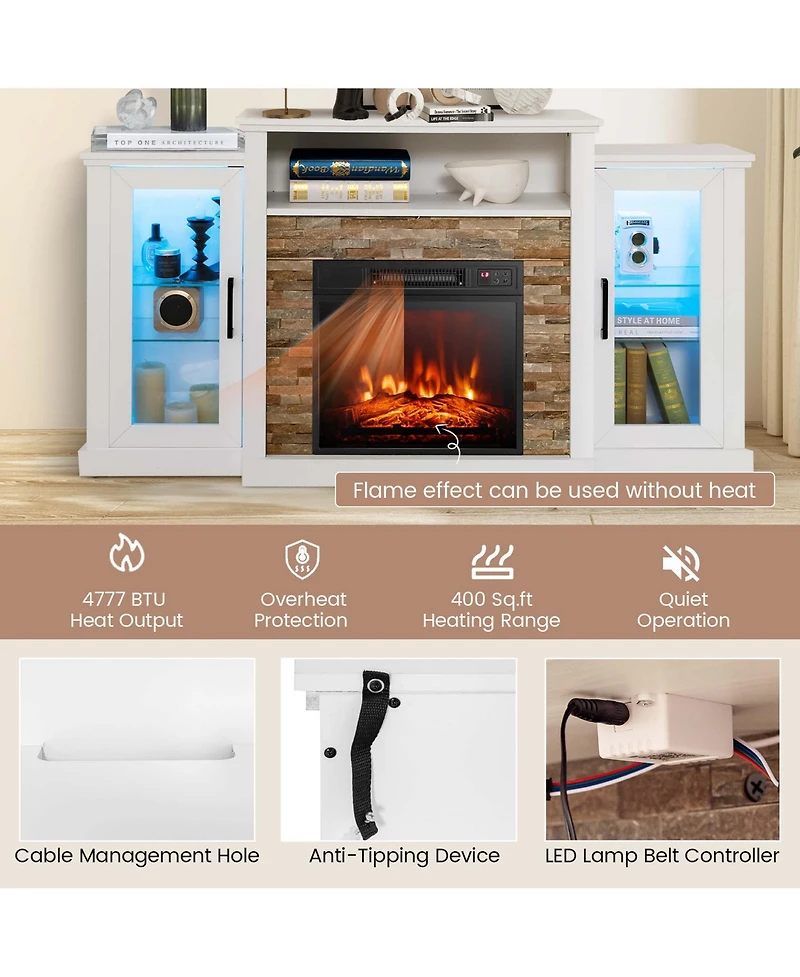Fireplace Tv Stand with Led Lights & Electric For 65" Wall-Mounted