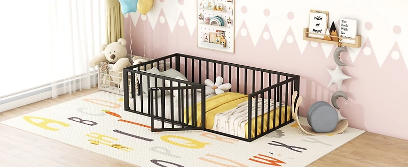Streamdale Twin Metal Floor Bed Frame with Fence and Door, White