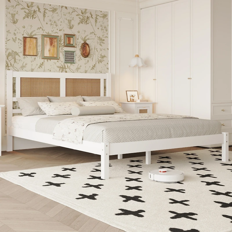 Streamdale Queen Rattan Platform Bed with White Frame