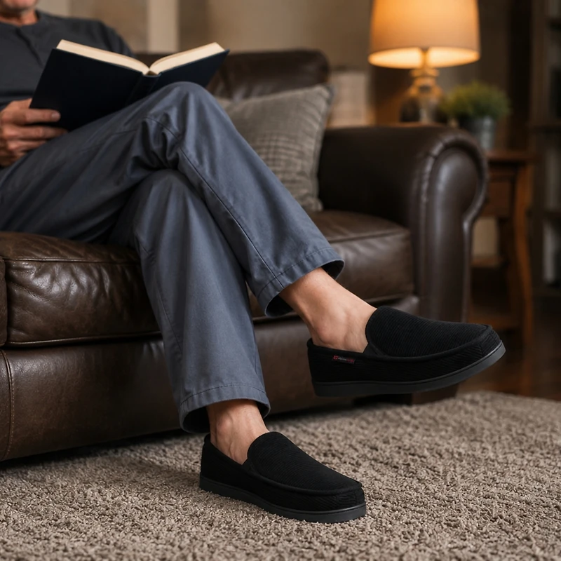 Alpine Swiss Men's Wide Slippers Steve Moccasin House Shoes Memory Foam Insole Corduroy Slip-On Terry Lining Indoor Outdoor Non-Slip Rubber Outsole
