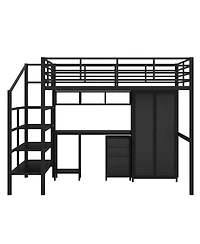 Simplie Fun Metal Loft Bed With Table Set And Wardrobe, Full