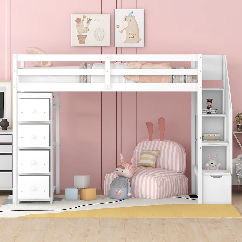 Streamdale Loft Bed with Storage, Stairs, and Shelves