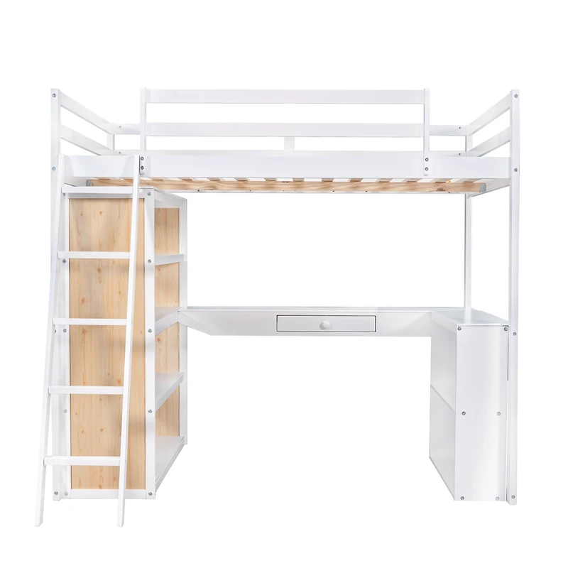 Streamdale Full Loft Bed With Ladder, Shelves, And Desk, White