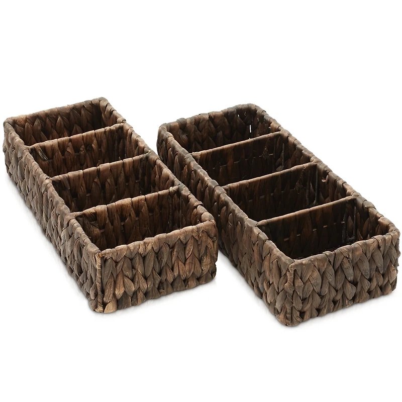 Casafield Set of 2 Water Hyacinth Storage Baskets with 3 Sections, Espresso - Woven Bin Organizers for Bathroom, Laundry, Pantry, Office, Shelves