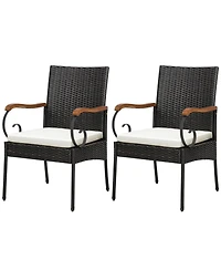Slickblue Outdoor Pe Wicker Chair with Acacia Wood Armrests-Set of 2