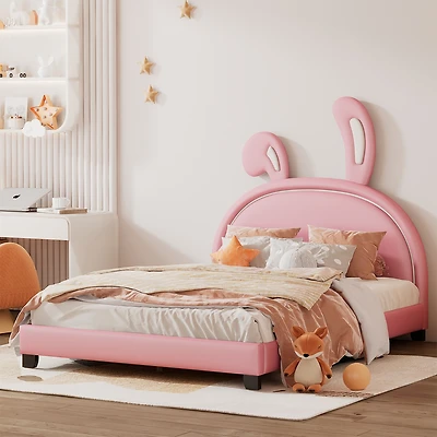 Streamdale Full Upholstered Leather Platform Bed With Rabbit Ornament, Pink